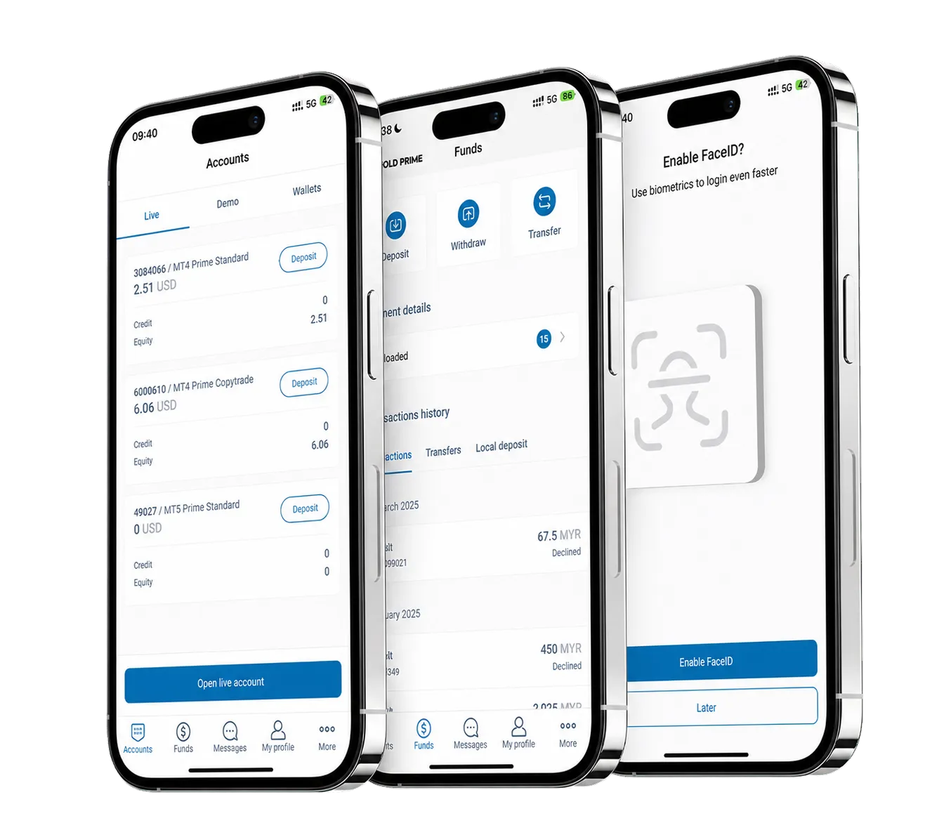 Bold Prime mobile app showing account, funds and biometric login screens